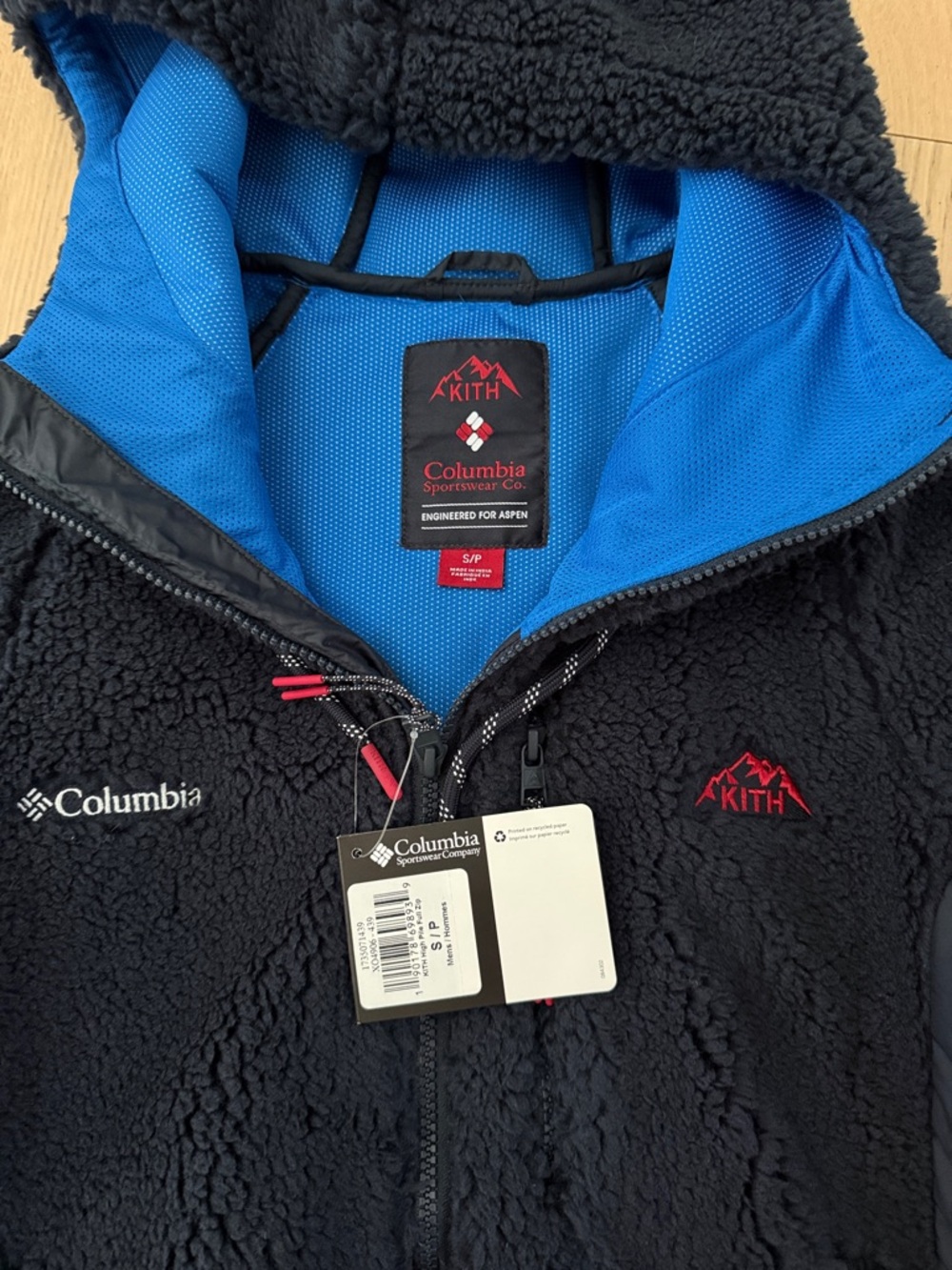 Kith x Columbia Black Sherpa Fleece Jacket with Blue Lining and Red Accents